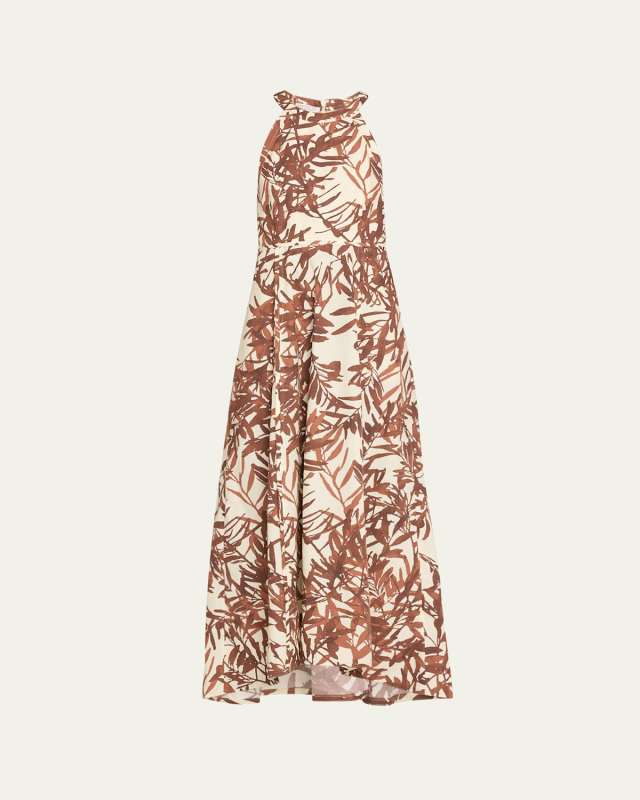 Herbarium Print Cotton Poplin Halterneck Volume Dress
